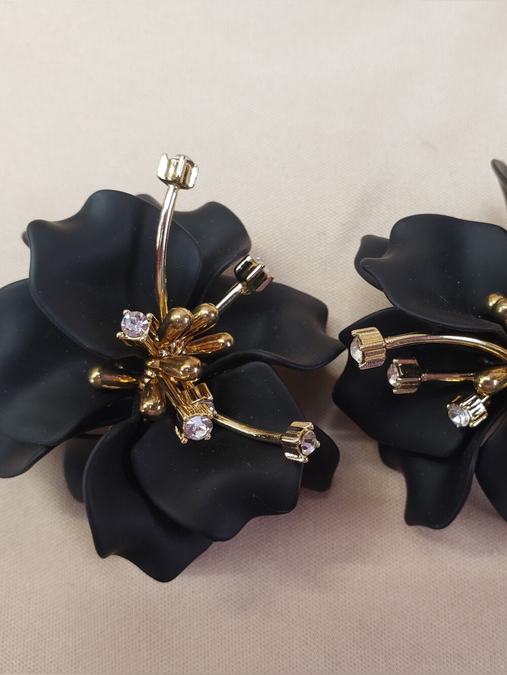 Natasha Large Black 3D Flower Post Earrings with Crystal Accents